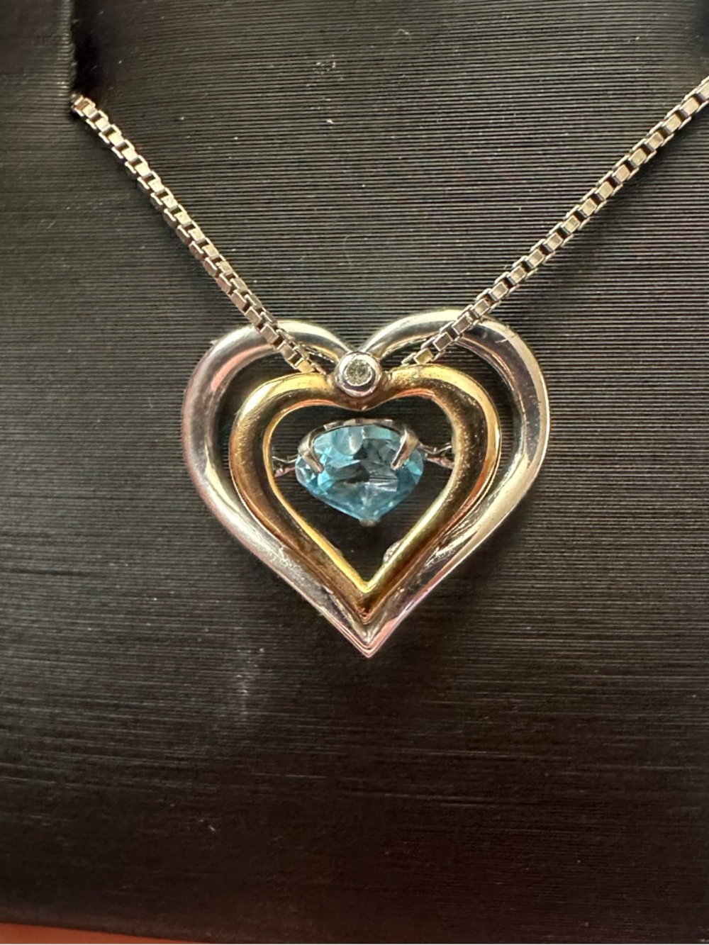 Two-Tone Heart Pendant Necklace with Blue pulsing Gem